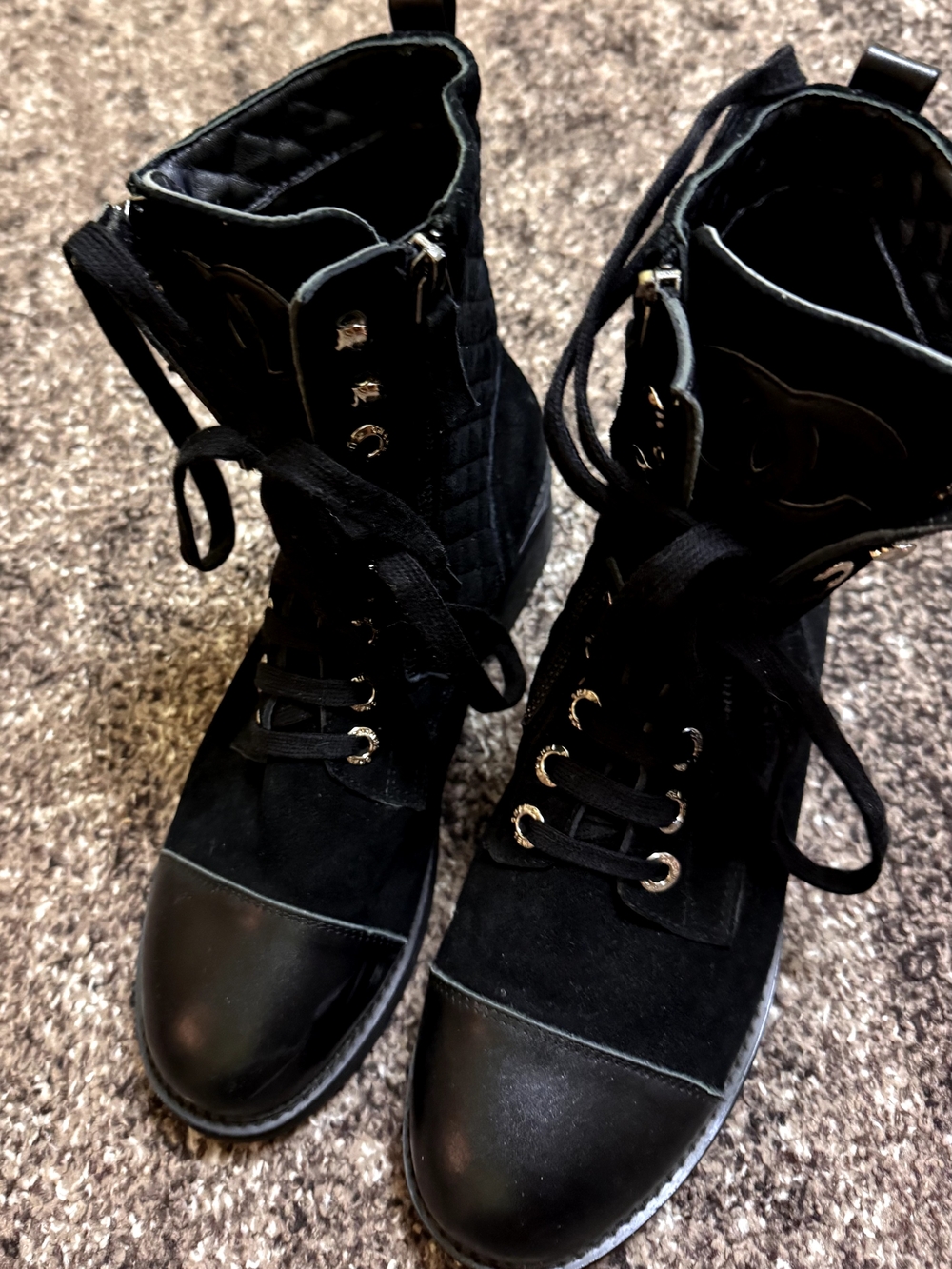 Women's Black Lace-Up Quilted Combat Boots